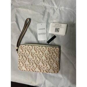Coach Signature C Monogram Wristlet Beige Brown‎ Zip Pouch NWT